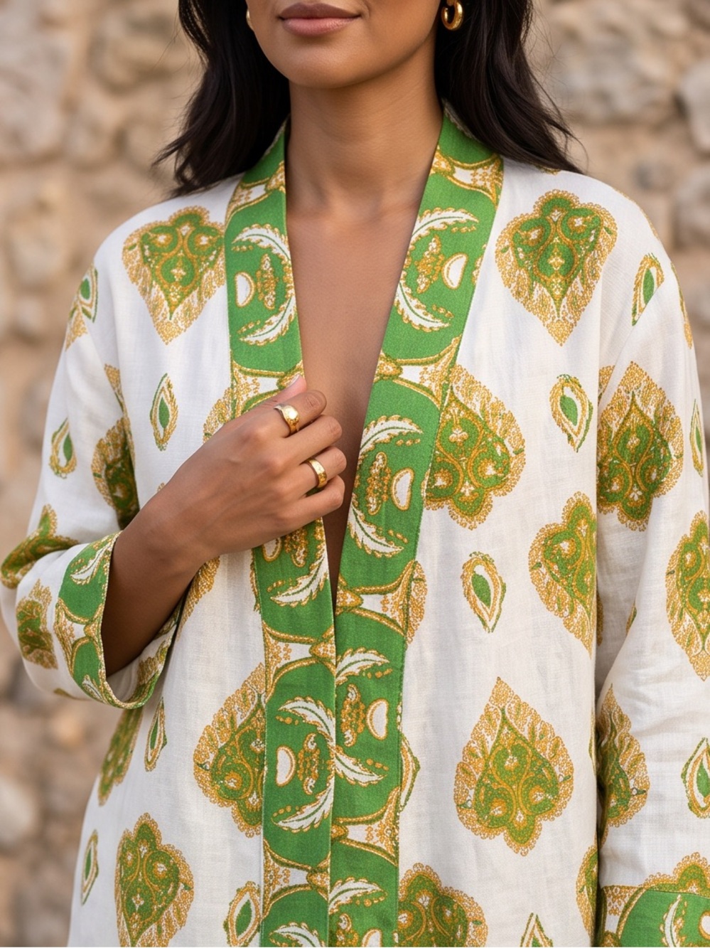 Haute Hippie Women’s White, Green & Gold Printed Linen Wide-Leg Pant Set - Picture 3 of 9